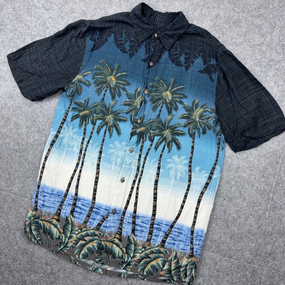 Batik Bay Hawaiian Shirt Mens Small Blue‎ Palm Tree Tropical Rayon Button Beach